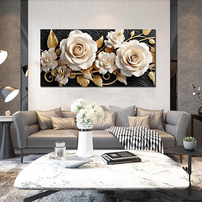 Flower Large Canvas Wall Art for Living Room Bedroom Home Office White and Gold Wall Art Blossom Picture Framed Wall Decor Modern Canvas Prints 29x59 In