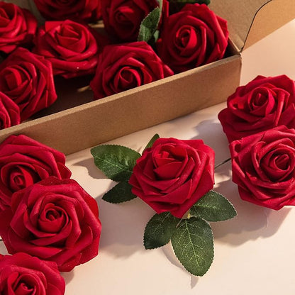 Artificial Flower Foam Rose 25pcs Real Looking Fake Rose with Stems Leaves for Home Decoration Party Garden Centerpieces DIY Wedding Bouquets（Dark Red）