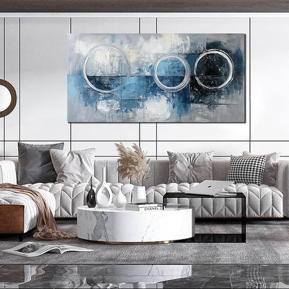 AOZEMI Abstract Wall Art Large Blue Picture Wall Decor Grey and White Circle Modern Artwork Art for Living Room Office 24"x 48"