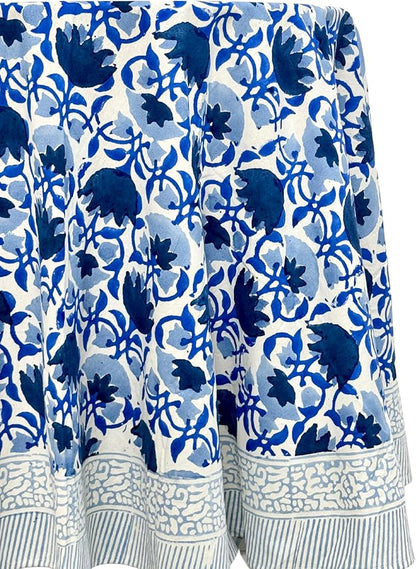 ATOSII Positano Blue 100% Cotton Round Boho Spring Summer Tablecloth, Handblock Floral Table Cloth Linen for Kitchen Dining I Parties Weddings Outdoors Grand Millennial I 60" Inches Round I 4 Seater
