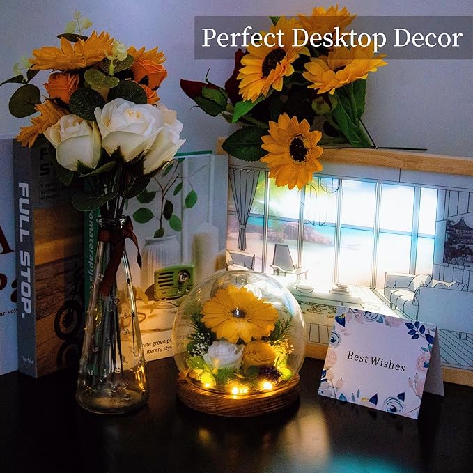 Sunflower Gifts for Women Mom Birthday Gifts for Her Preserved Real Flowers in Glass Dome with LED Strip, Forever Flowers Gifts for Wife Girlfriend Mom on Mother Day Birthday Valentine Day