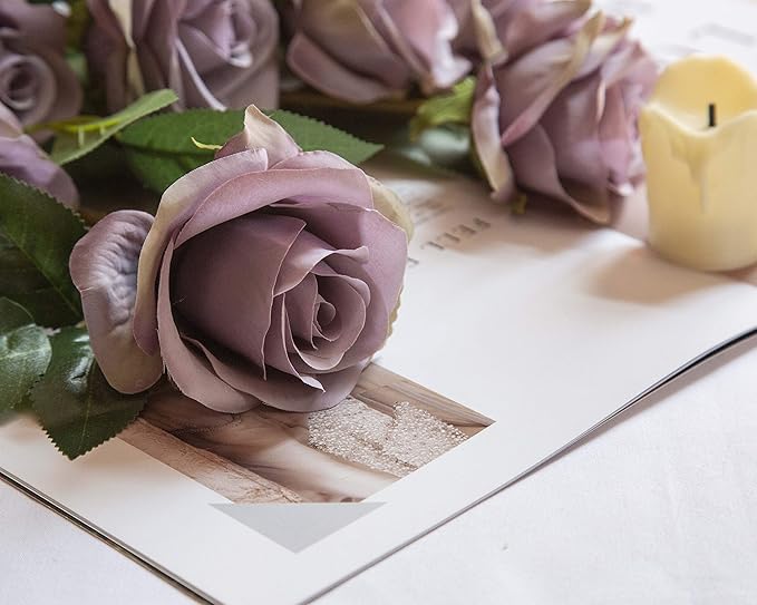 DuHouse 10pcs Fake Roses Artificial Silk Flowers Faux Rose Flower Long Stems Bouquet for Arrangement Wedding Centerpiece Party Home Kitchen Decor (Fall Purple)