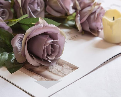 DuHouse 10pcs Fake Roses Artificial Silk Flowers Faux Rose Flower Long Stems Bouquet for Arrangement Wedding Centerpiece Party Home Kitchen Decor (Fall Purple)