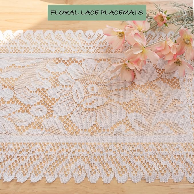 Jayla 4 Pcs Rectangle Lace Placemats for Tables Embroidered Lace Tablemats Vintage Crochet Floral Table Runner Vintage Wedding, Tea Party Decor,12x17 Inch