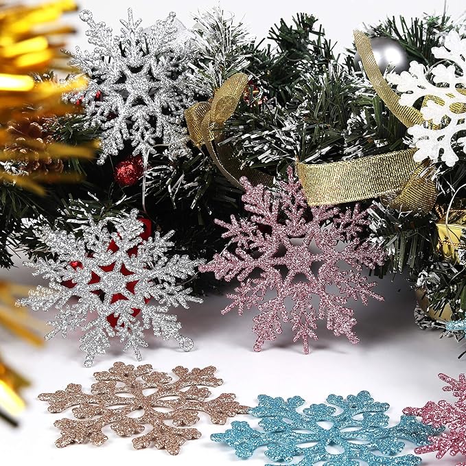 RECUTMS 40Pcs Plastic Snowflake Ornaments Christmas Glitter Snowflakes Hanging Crafts for Wedding Birthday Home Xmas Tree Window Door Accessories,4 Inches,2 Pattern (Champagne)