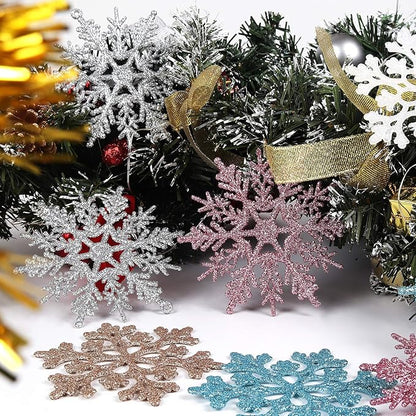 RECUTMS 40Pcs Plastic Snowflake Ornaments Christmas Glitter Snowflakes Hanging Crafts for Wedding Birthday Home Xmas Tree Window Door Accessories,4 Inches,2 Pattern (Champagne)