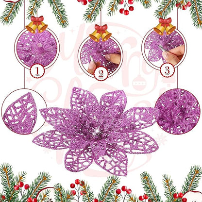 Boao Light Purple 24 Pieces Poinsettia Flower Christmas Glitter Artificial Poinsettia with Clips Christmas Tree Ornament Decorations for DIY Xmas Wreath Holiday Home Party Decor, 3/4/6 Inches