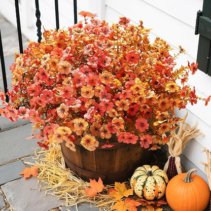 Artificial Fall Flowers Fake Mums for Outdoor Autumn Decoration, 12 Bundles Faux Silk Orange Yellow Mums Daisy Look Real UV Resistant for Outside Home Porch Patio Planter