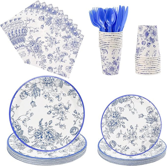 175Pcs Blue Floral Paper Plates and Napkins 25 Guests Blue Toile Chinoiserie Party Supplies Set Include Plates Napkins Cups Spoons Forks Knives for Birthday Wedding
