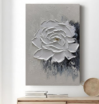 moshinart 24 x 36in Hand-Painted Oil Painting 3D Texture Black White Grey Modern Minimalist Black Abstract Wall Art, Home Office Wall Decoration Camellia