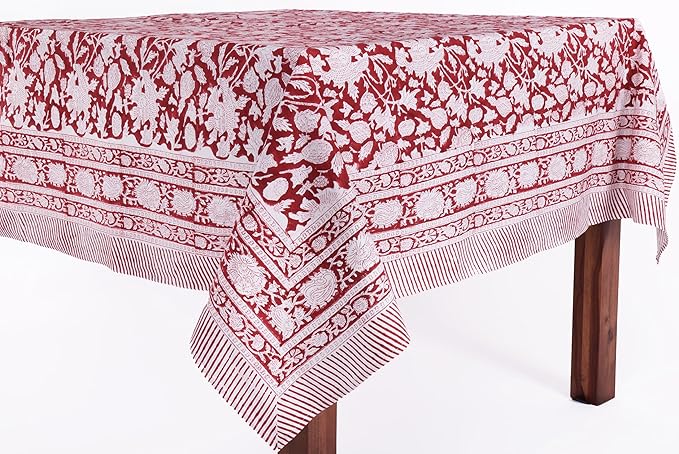 ATOSII Meraki Red 100% Cotton Tablecloth, Handblock Print Rectangle Table Cover for Kitchen Dining I Tabletop Linen I Thanksgiving, Christmas, Wedding, Fall Table Cloth 72 X 120 Inches I 10 Seater