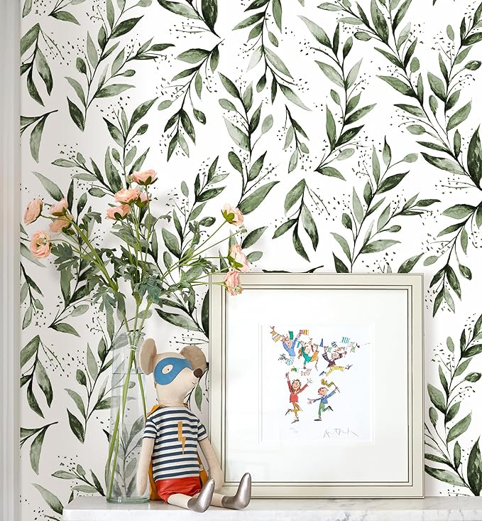Erfoni Green Leaf Peel and Stick Wallpaper Floral Contact Paper 17.7inch x 393.7inch Greenery Leaves Self Adhesive Wallpaper Peel and Stick Olive Botanical Flowers Wall Paper Decoration Vinyl Film