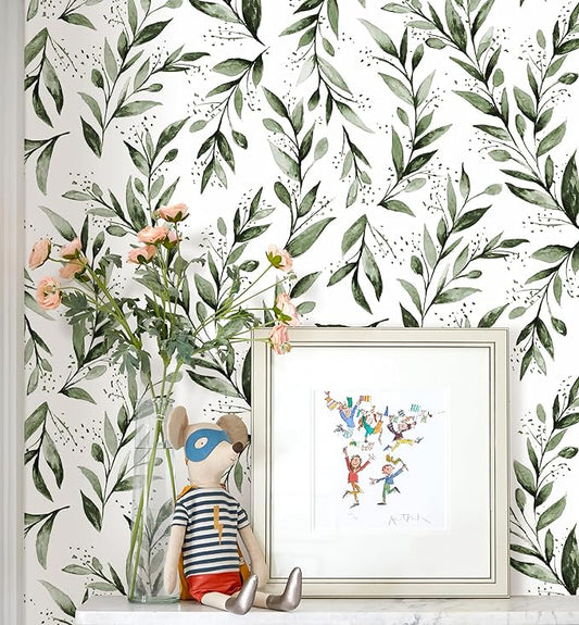 Erfoni Green Leaf Peel and Stick Wallpaper Floral Contact Paper 17.7inch x 393.7inch Greenery Leaves Self Adhesive Wallpaper Peel and Stick Olive Botanical Flowers Wall Paper Decoration Vinyl Film