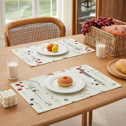LilyCat Linen Fabric Floral Placemats, Waterproof Durable Boho Dining Table Mats for Kitchen, Rustic Vintage Washable Place Mats Set of 6, 18’’× 12’’