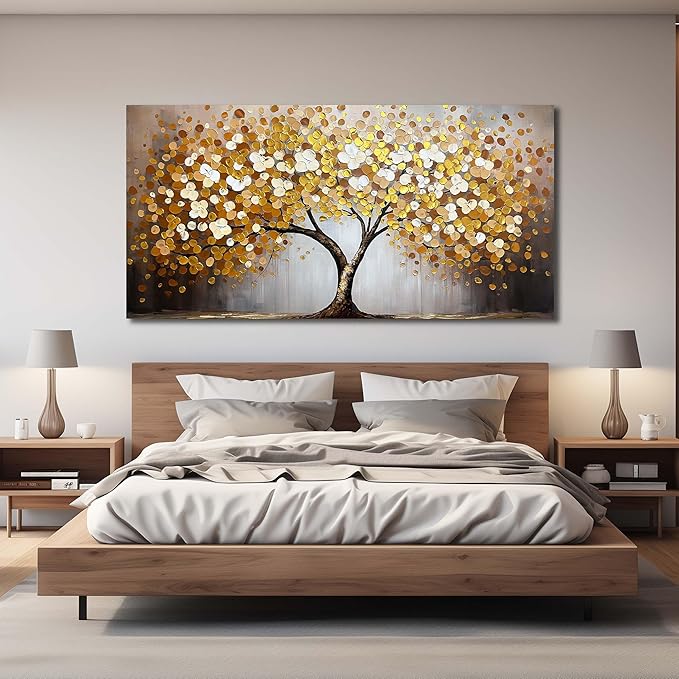 WDHCG Gold and White Tree Painting Wall Art For Living Room - Tree Of Life Wall Decor For Office - Extra Large Wall Art For bedroom Size 36 x 72 Inch