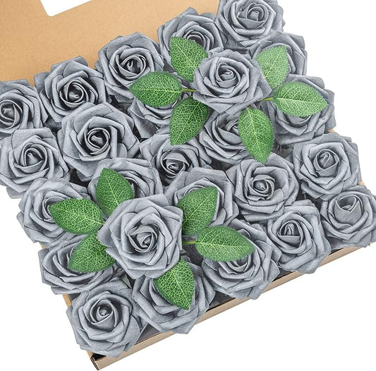 DuHouse 25Pcs Artificial Roses Flowers Fake Roses with Stems Real Touch Foam Flowers for DIY Wedding Bouquet Baby Shower Centerpiece Floral Arrangement Party Home Decor(Silver Grey)