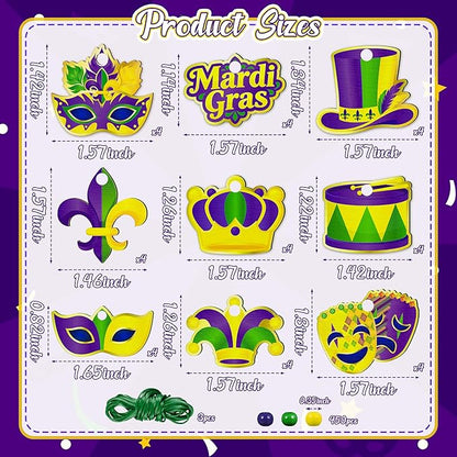 Eternity sky 36 Pcs Mardi Gras Beads Necklace Kit - DIY Purple Green Gold Wooden Craft Pendant Set for Carnival Party Favors - 9 Styles