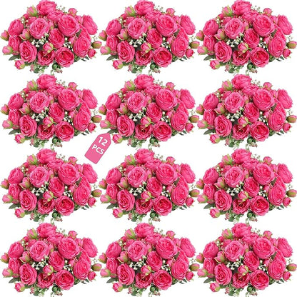 Peonies Artificial Flowers 12 Bundles Pink Flowers Bouquet, Lifelike Silk Fake Peonies with Stems for Home Table Centerpieces, Wedding, Party & DIY Bridal Floral Arrangements (Rose red)