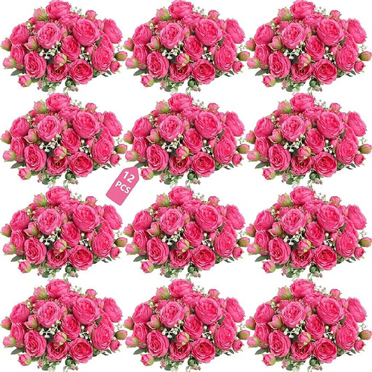 Peonies Artificial Flowers 12 Bundles Pink Flowers Bouquet, Lifelike Silk Fake Peonies with Stems for Home Table Centerpieces, Wedding, Party & DIY Bridal Floral Arrangements (Rose red)