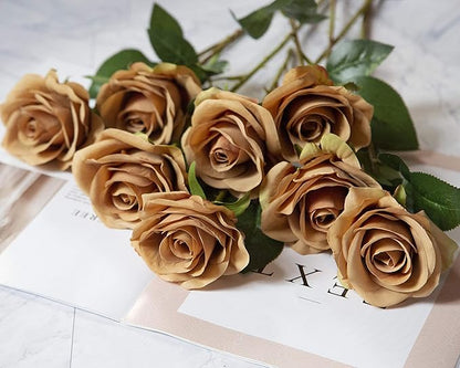 DuHouse 10pcs Fake Roses Artificial Silk Flowers Faux Rose Flower Long Stems Bouquet for Arrangement Wedding Centerpiece Party Home Kitchen Decor (Coffee)