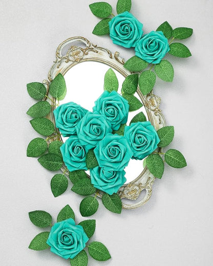DuHouse Artificial Roses Flowers Fake Roses with Stems Real Touch Foam Flowers for DIY Wedding Bouquet Baby Shower Centerpiece Floral Arrangement Party Home Decor(Teal Blue-Green)