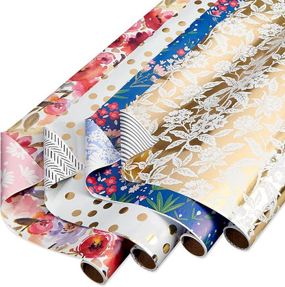 American Greetings 120 sq. ft. Reversible Flower Wrapping Paper Set for Birthdays, Weddings, Bridal Showers, Floral, Stripes and Polka Dots (4 Rolls, 30 in. x 12 ft. each)