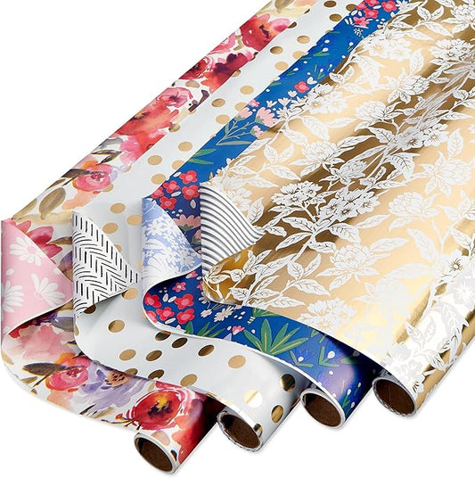 American Greetings 120 sq. ft. Reversible Flower Wrapping Paper Set for Birthdays, Weddings, Bridal Showers, Floral, Stripes and Polka Dots (4 Rolls, 30 in. x 12 ft. each)