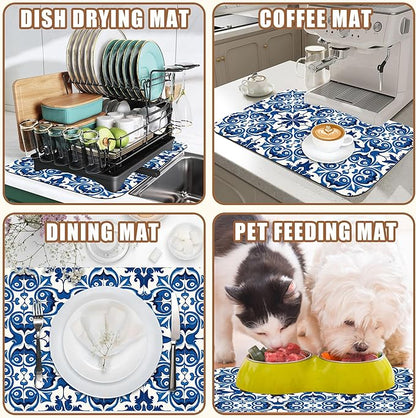 Dish Drying Mat Blue Portuguese Tiles Coffee Bar Mat for Countertop - Absorbent Rubber Backed Hide Stain Dish Drainer Rack - Coffee Maker Pot Dining Room Decoration 15.7 x 23.6 Inch