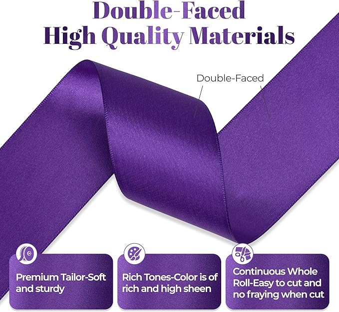 Purple Satin Ribbon, Double Faced 2 Inch X 50 Yards Purple Ribbon, Premium Satin Ribbon for Gift Wrapping, Crafts, Hair Bow Making, Sewing, Flower Bouquet, Wedding Party Decor
