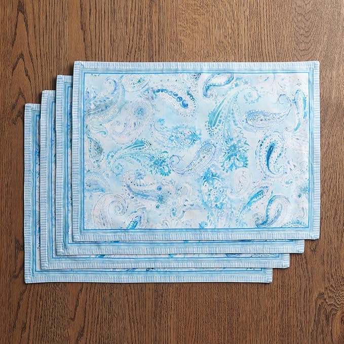 Maison d' Hermine Placemat 100% Combed Cotton Premium Set of 4 Decorative Washable Place Mats Table Cloth Placemat, Dining, Kitchen, Parties & Camping - Paisley Blues (13"x19")