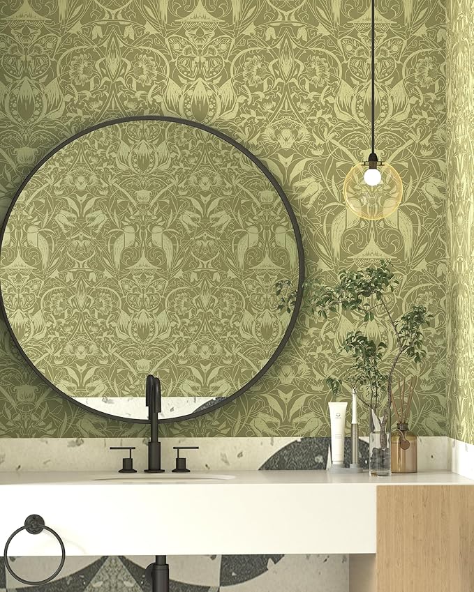 Vintage Peel and Stick Wallpaper Boho Bird Wall Paper Floral Contact Paper for Bedroom 17.3" X 78.8" Removable Wallpaper Self Adhesive Olive Green Botanical Decorative Wallpapers Bathroom Vinyl