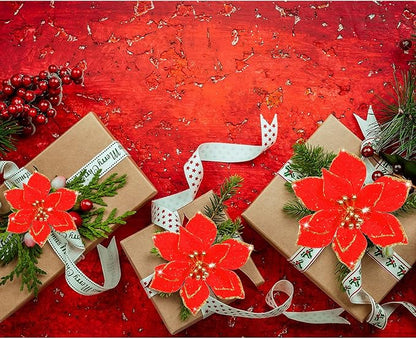 WILLBOND 24 Pcs 3 Size Poinsettia Flower Artificial Christmas Decor Glitter Poinsettia Christmas Ornaments Faux Flowers for Xmas Tree Outdoor(3.2/4/6 Inches,Red)