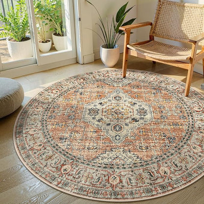 Lahome Oriental Washable Round Area Rug, Non-Slip Round Rugs 6ft Ultra-Thin, Soft Large Throw Circle Carpet for Living Room Bedroom Kitchen Nursery, Peach/Orange