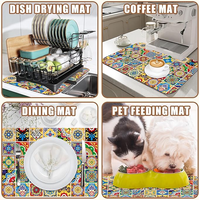 Talavera Mexican Tiles Dish Drying Mat for Kitchen Counter Bar Mat Hide Stain Absorbent Rubber Backed Coffee Mat Maker Espresso Machine Bar Accessories 11.8 x 19.7 Inch