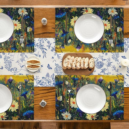 Watercolor Daisies Placemats Set of 4,Blue Cornflowers 12x18 Inch Non-Slip Washable Heat Resistant Linen Fabric Table Mats,Place Mats for Holiday Party
