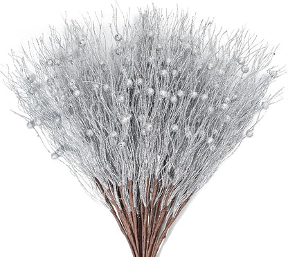KI Store Silver Christmas Picks Sprays Set of 20 Glittered Twigs Decor for Christmas Tree Decoration Topper Floral Arrangement