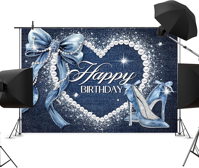 Denim and Diamonds Bow Backdrop 5Wx3H Photography Silver High Heels Happy Birthday Banner Pearl for Women Girls Background Blue Coquette Party Decorations Banner Photo Booth Props Supplies