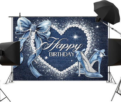 Denim and Diamonds Bow Backdrop 5Wx3H Photography Silver High Heels Happy Birthday Banner Pearl for Women Girls Background Blue Coquette Party Decorations Banner Photo Booth Props Supplies