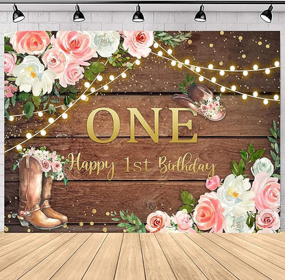 SVBright Cowgirl First Birthday Backdrop 7Wx5H Retro Western Rustic Country Pink Flower Wood Hat Happy Birthday Baby Shower Wooden Plank Decorations Photography Background Banner Photo Booth Studio