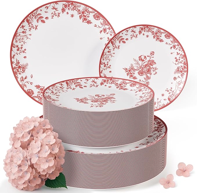 Trendables Plastic Plates For Party Supplies, Floral Disposable Plates For Party & Weddings 200 Pcs - 100 x 8 Dessert Plates & 100 x 10 Plastic Dinner Plates, Plate Set Disposable Dinnerware Sets