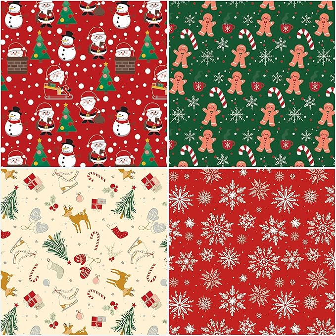 Christmas Wrapping Paper Set of 4 Rolls (93 sq. ft. ttl) With Colorful Holiday Patterns Santa Claus, Reindeer, Christmas Tree, Snowman, snowflakes for Gifts - 17 inches x 16.5 feet Per Roll
