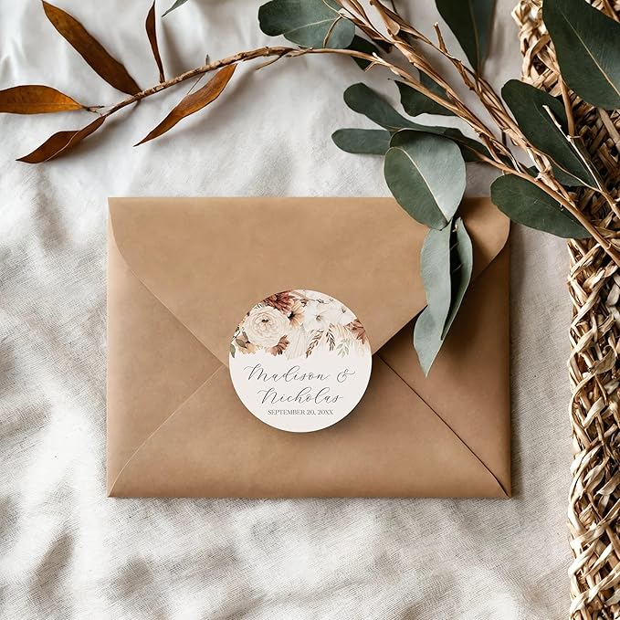 Personalized Floral Wedding Stickers with Your Choice of 30 Flower Styles - Choose Font and One of Five Pre-made Phrases or Add Custom Text (030 - Neutral Boho Flowers)