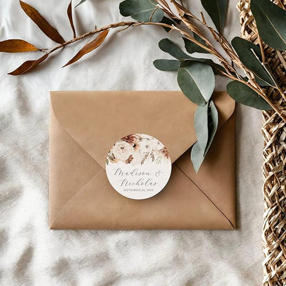 Personalized Floral Wedding Stickers with Your Choice of 30 Flower Styles - Choose Font and One of Five Pre-made Phrases or Add Custom Text (030 - Neutral Boho Flowers)