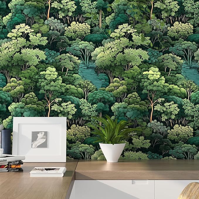 Forest Wallpaper Peel and Stick, Green Trees Contact Paper, Vintage Woodland Mountain Botanical Wall Paper Self Adhesive Waterproof Removable for Room Shelves Cabinet Drawer Table Decor 17.5" x 118"