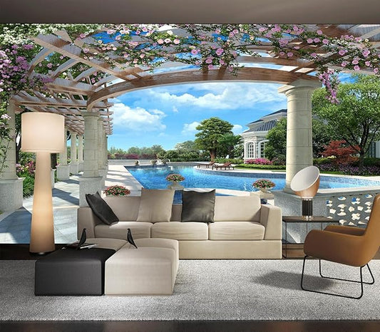 Cliouar-Backyard Villa with Swimming Pool Wall Mural Wallpaper Peel and Stick 160" x 114"