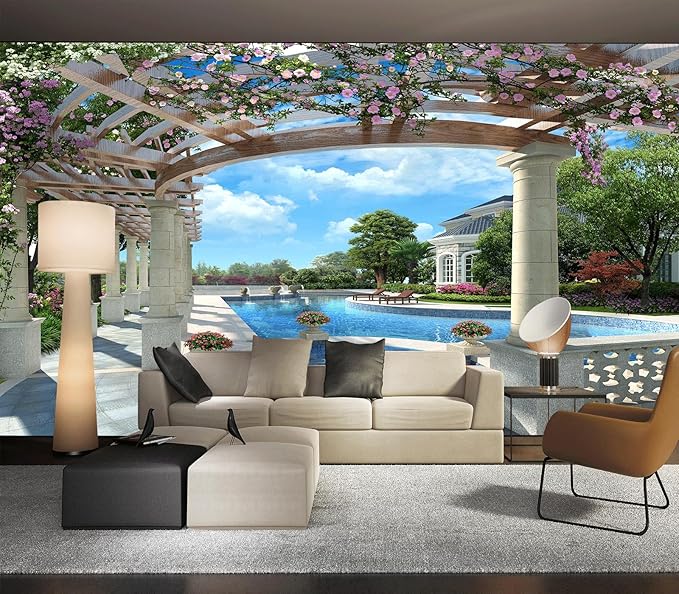 Cliouar-Backyard Villa with Swimming Pool Wall Mural Wallpaper Peel and Stick 137" x 102"