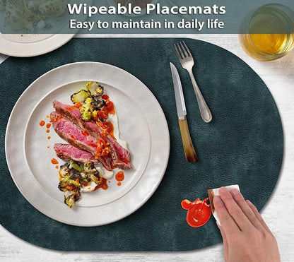 ADRIMER Placemats, Heat Resistant Oval Placemats Set of 12 Washable 12 x 17 Inch, Waterproof Table Mats, Wipeable Pu Place Mats for Kitchen, Dining Room, Dark Blue