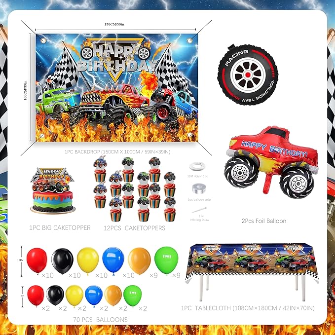 Monster Truck Birthday Party Decorations Men,Happy Birthday Banner,Balloon Arch Kit,Foil Balloons,Cake toppers