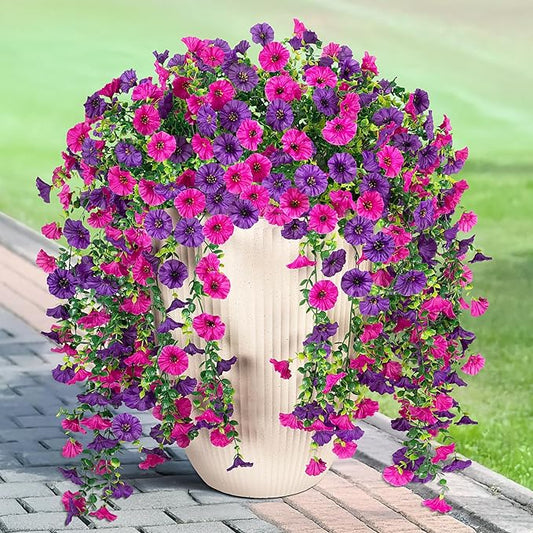 Artificial Hanging Flowers for Outdoor, 2pcs Fake Plants Long Vine Morning Glory Eucalyptus, UV Resistant Realistic Faux Greenery Indoor Outside Patio Porch Garden Spring Summer Decor, Purple