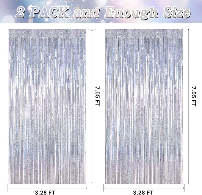 2 Pack New Year Party Decorations, 3.28 FT x 7.05 FT Glitter Silver Fringe Curtains, Metallic Party Streamer Tinsel Backdrop Foil Curtains, NYE Party Supplies Engagement Decor